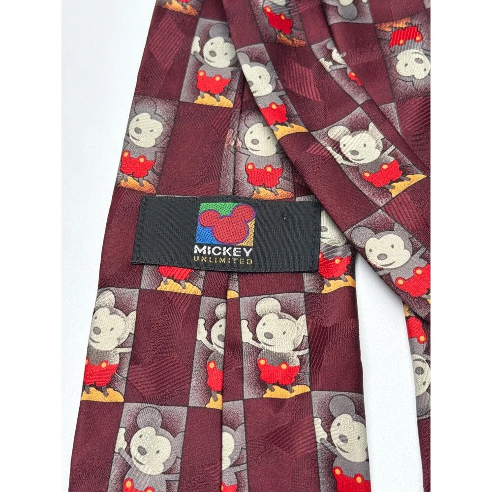 Mickey Unlimited Mens Vintage Mickey Mouse Checkered‎ Necktie Burgundy